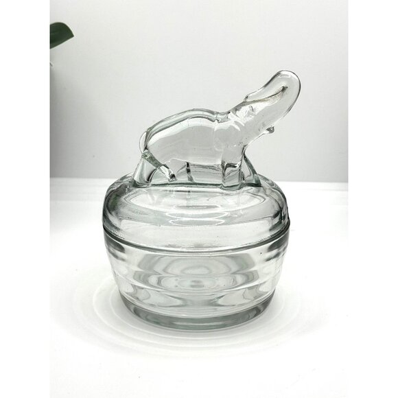 Vintage Jeanette Elephant Crystal Clear Glass Powder Trinket Covered Dish - Picture 1 of 9